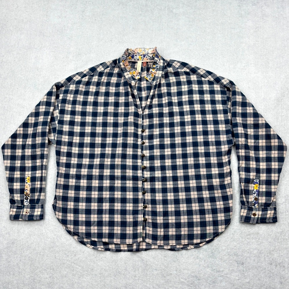 Pilcro Anthropologie Plaid Floral Ruffle Collar Button Down Shirt Navy Tan Small